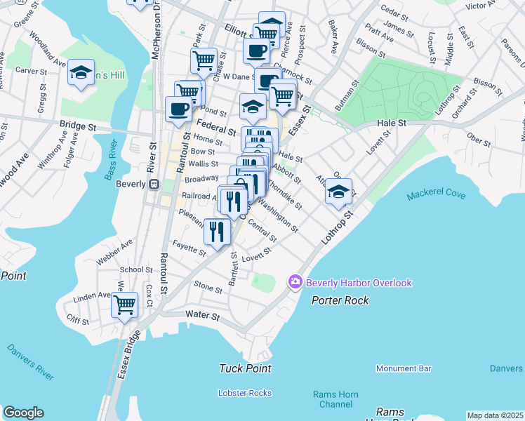 map of restaurants, bars, coffee shops, grocery stores, and more near 125 Cabot Street in Beverly