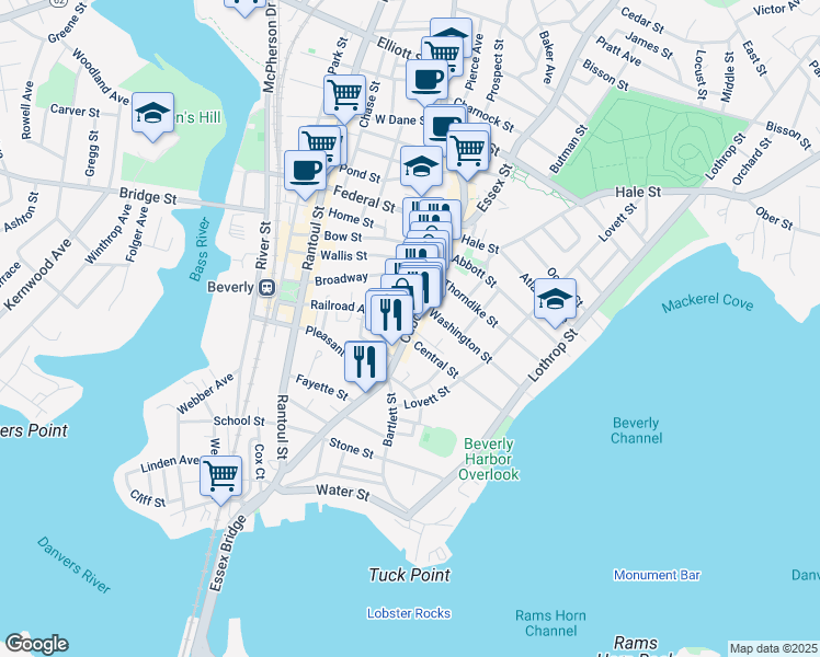 map of restaurants, bars, coffee shops, grocery stores, and more near 125 Cabot Street in Beverly