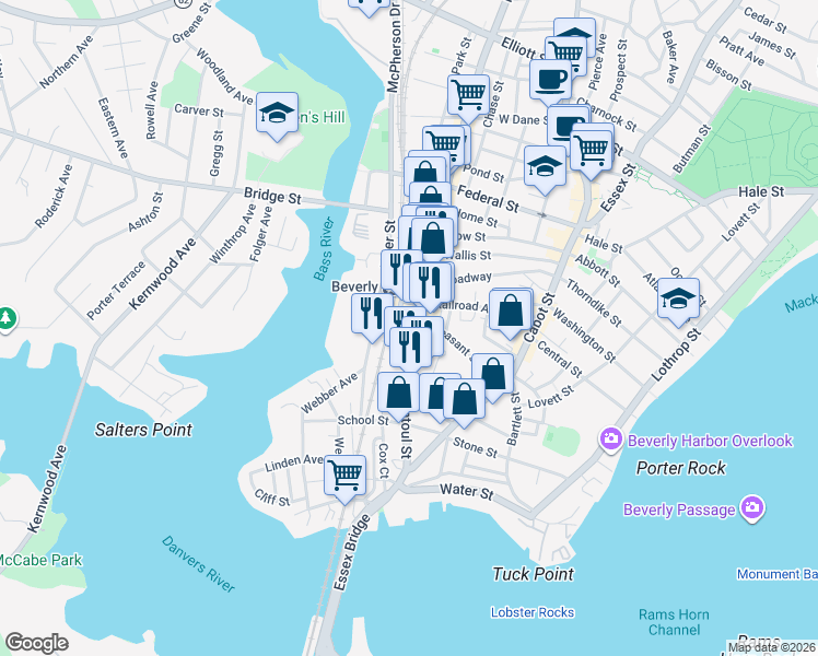 map of restaurants, bars, coffee shops, grocery stores, and more near 62 Pleasant Street in Beverly