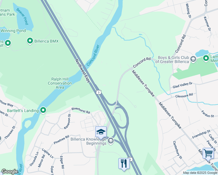 map of restaurants, bars, coffee shops, grocery stores, and more near 199 Concord Road in Billerica