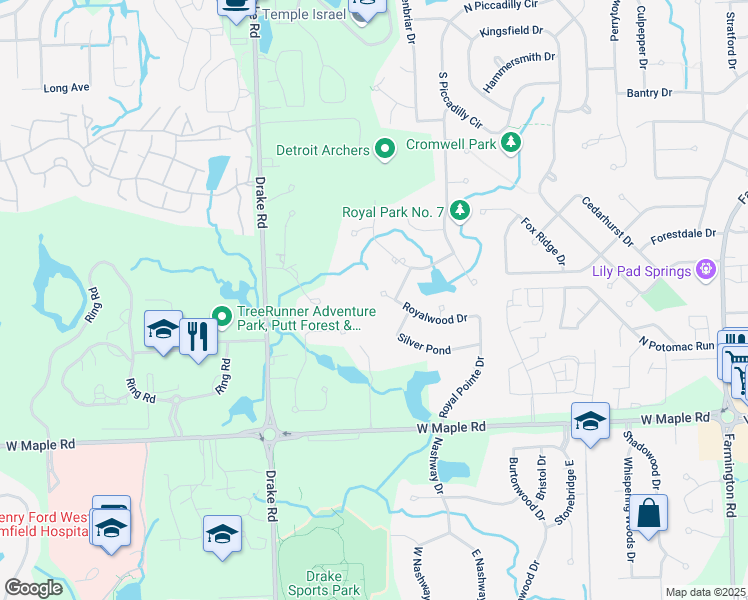 map of restaurants, bars, coffee shops, grocery stores, and more near 5753 Royal Pointe Drive in West Bloomfield Township