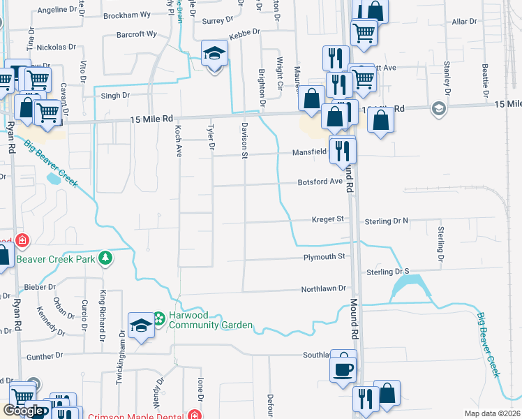 map of restaurants, bars, coffee shops, grocery stores, and more near 5365 Kreger Street in Sterling Heights