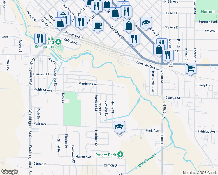 map of restaurants, bars, coffee shops, grocery stores, and more near 580 Gardner Avenue in Twin Falls