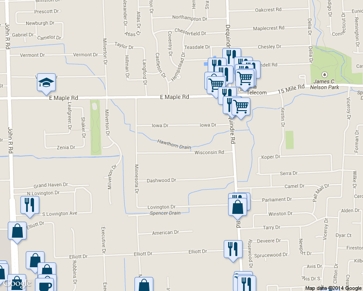 map of restaurants, bars, coffee shops, grocery stores, and more near 2801 Wisconsin Rd in Troy