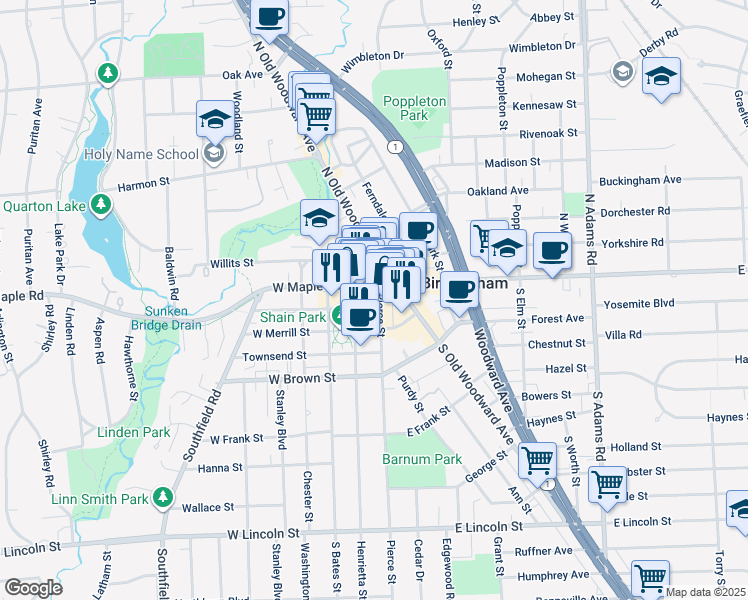 map of restaurants, bars, coffee shops, grocery stores, and more near 155 Henrietta Street in Birmingham