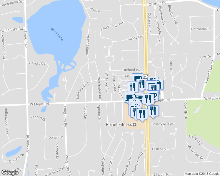 map of restaurants, bars, coffee shops, grocery stores, and more near 6375 West Surrey Road in Bloomfield Hills