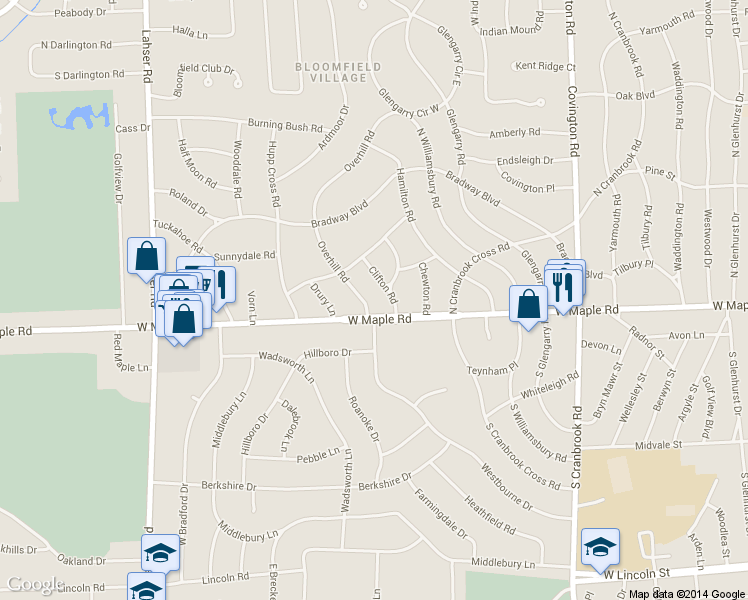 map of restaurants, bars, coffee shops, grocery stores, and more near 120 Overhill Road in Bloomfield Hills