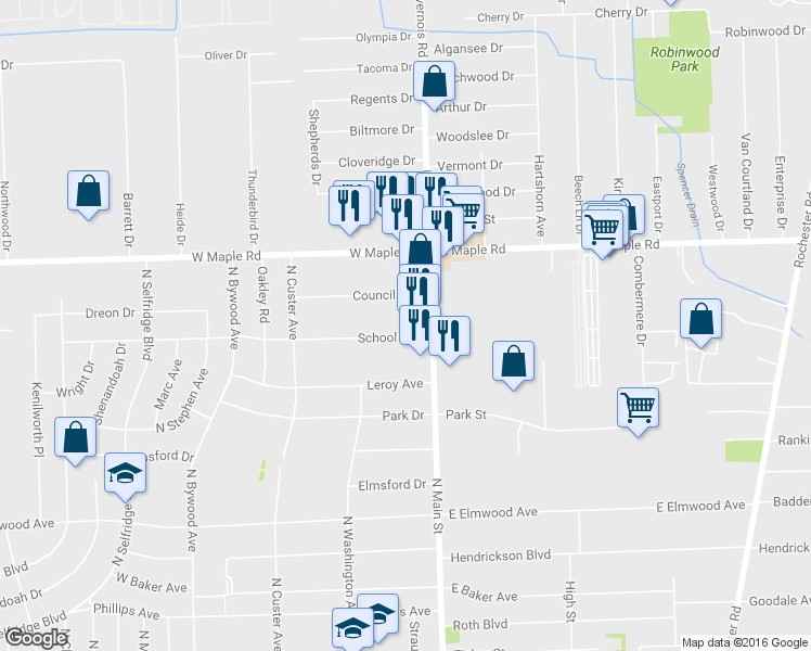 map of restaurants, bars, coffee shops, grocery stores, and more near 56 School Avenue in Clawson