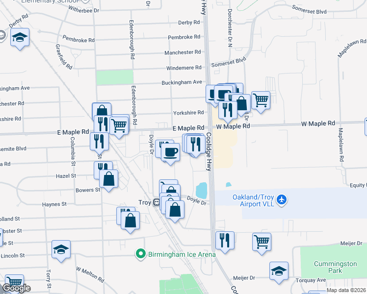 map of restaurants, bars, coffee shops, grocery stores, and more near 1380 Raliegh Place in Troy