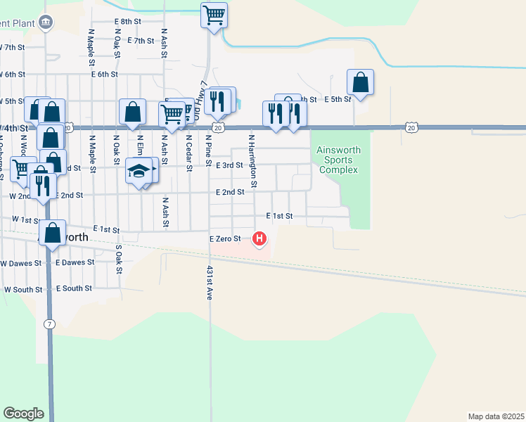 map of restaurants, bars, coffee shops, grocery stores, and more near 1000-1098 East 1st Street in Ainsworth