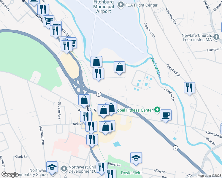 map of restaurants, bars, coffee shops, grocery stores, and more near 42 Ellen Street in Leominster