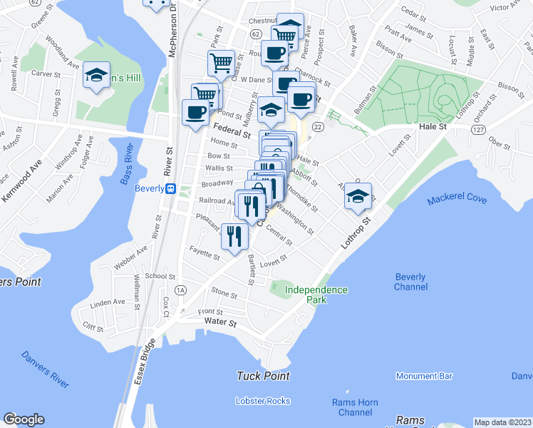 map of restaurants, bars, coffee shops, grocery stores, and more near 125 Cabot Street in Beverly