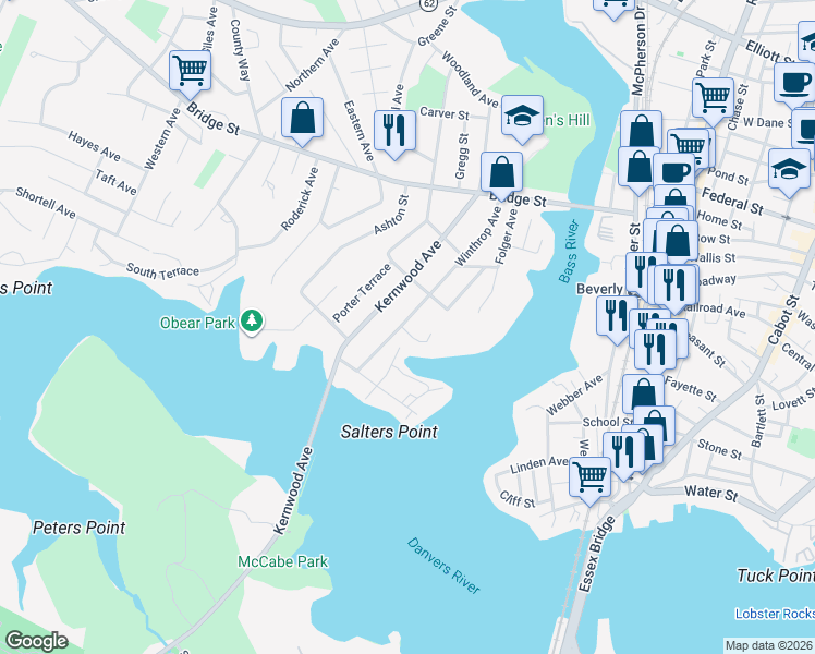 map of restaurants, bars, coffee shops, grocery stores, and more near 50 Winthrop Avenue in Beverly