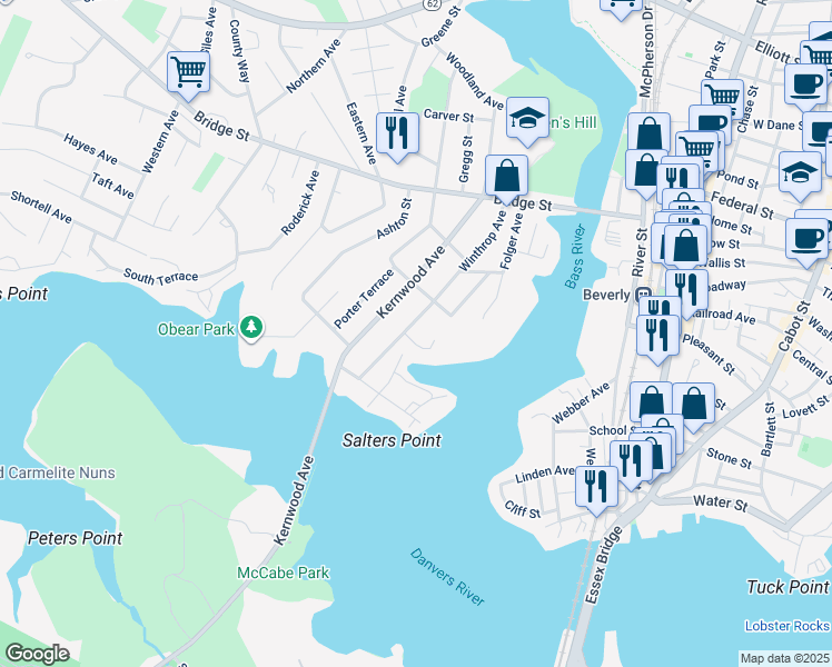 map of restaurants, bars, coffee shops, grocery stores, and more near 50 Winthrop Avenue in Beverly