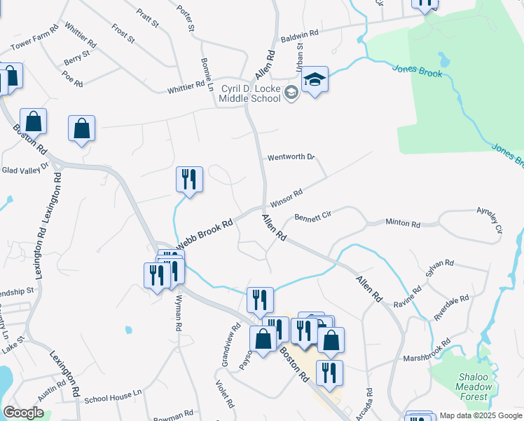 map of restaurants, bars, coffee shops, grocery stores, and more near 1 Winsor Road in Billerica