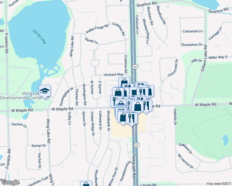 map of restaurants, bars, coffee shops, grocery stores, and more near 27 Service Drive in Bloomfield Township