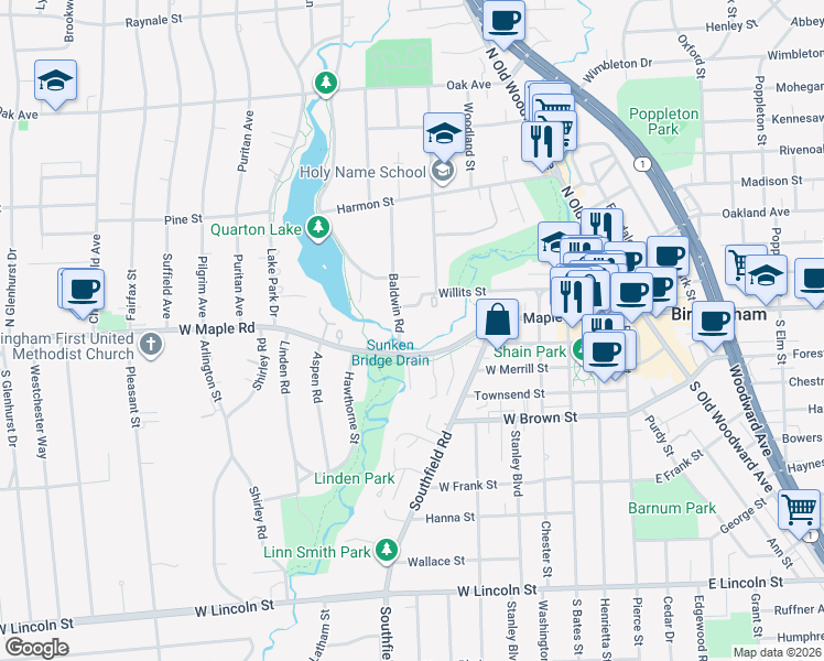 map of restaurants, bars, coffee shops, grocery stores, and more near 122 Baldwin Road in Birmingham