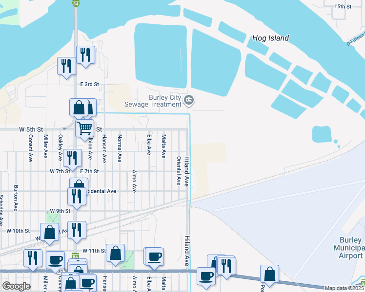 map of restaurants, bars, coffee shops, grocery stores, and more near 554 Hiland Avenue in Burley