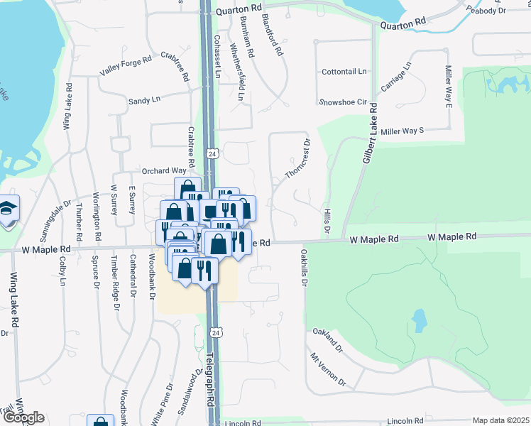 map of restaurants, bars, coffee shops, grocery stores, and more near 6422 Thorncrest Drive in Bloomfield Hills