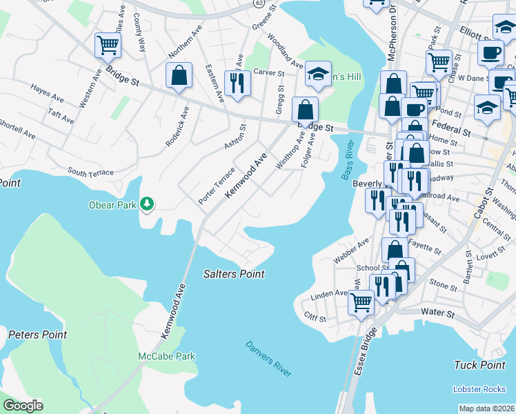 map of restaurants, bars, coffee shops, grocery stores, and more near 50 Winthrop Avenue in Beverly