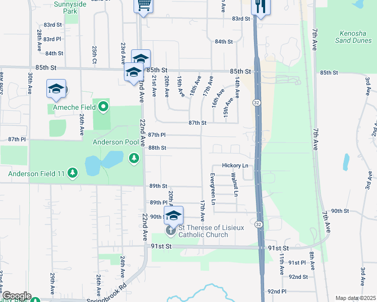 map of restaurants, bars, coffee shops, grocery stores, and more near 1803 88th Street in Kenosha
