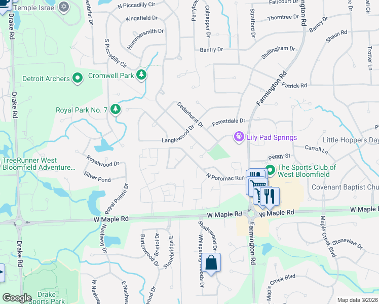 map of restaurants, bars, coffee shops, grocery stores, and more near 5149 Kingsfield Court in West Bloomfield Township