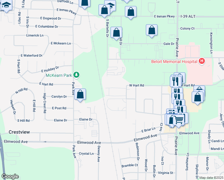 map of restaurants, bars, coffee shops, grocery stores, and more near 2764 Kadlec Drive in Beloit
