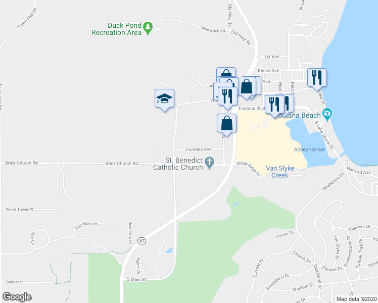 map of restaurants, bars, coffee shops, grocery stores, and more near 239 Fontana Boulevard in Fontana-on-Geneva Lake