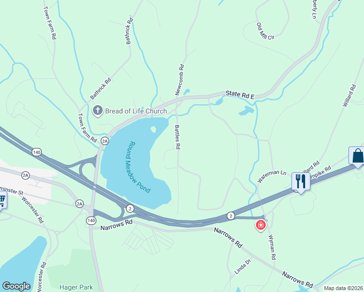 map of restaurants, bars, coffee shops, grocery stores, and more near 23 Battles Road in Westminster