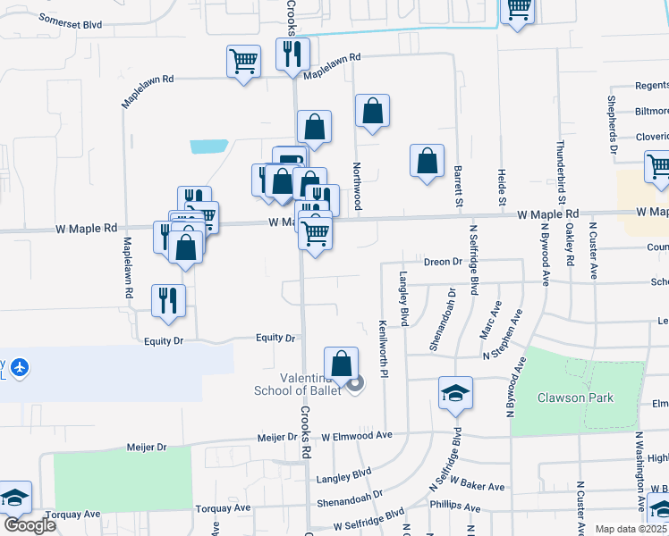 map of restaurants, bars, coffee shops, grocery stores, and more near 1332 Anderson Road in Clawson