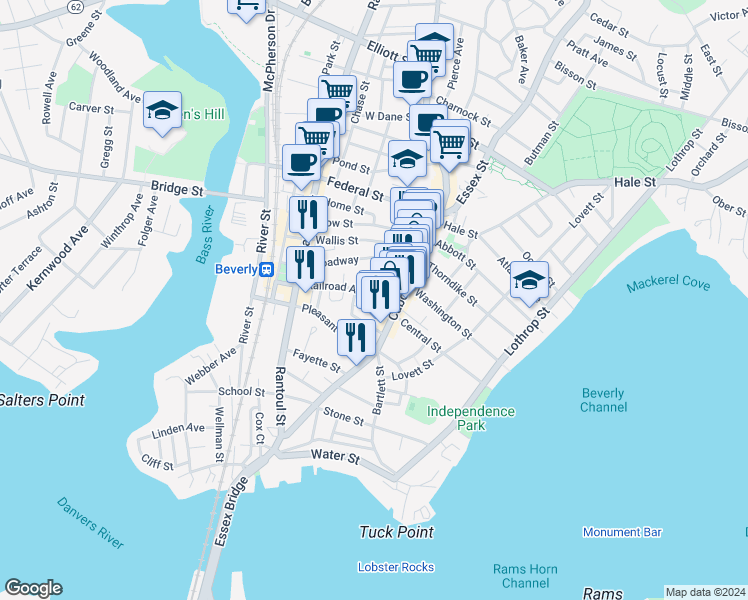 map of restaurants, bars, coffee shops, grocery stores, and more near 9 Highland Terrace in Beverly