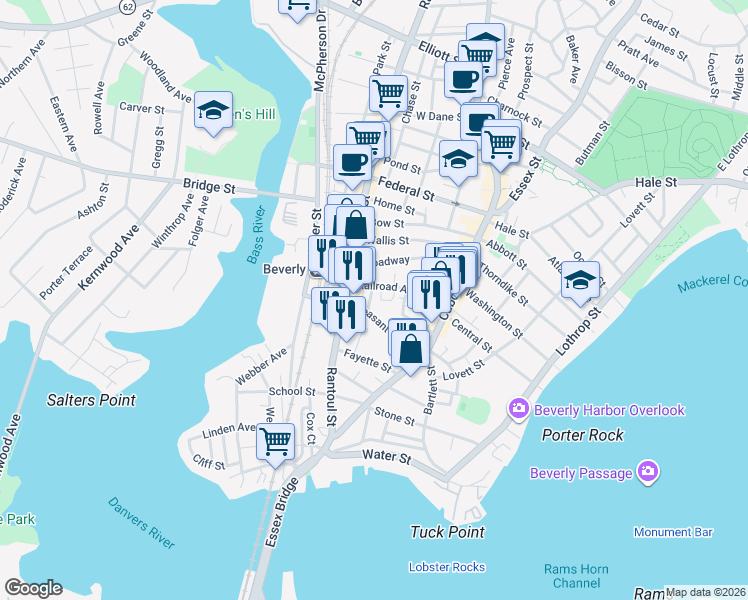 map of restaurants, bars, coffee shops, grocery stores, and more near 10-12 Moulton Court in Beverly