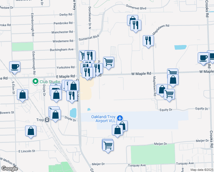 map of restaurants, bars, coffee shops, grocery stores, and more near 1200-1598 Axtell Dr in Troy