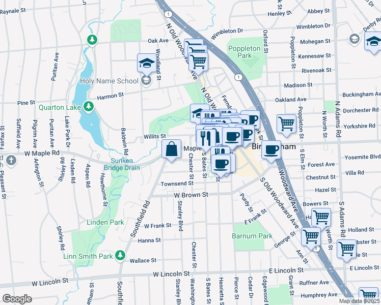 map of restaurants, bars, coffee shops, grocery stores, and more near 141 Chester Street in Birmingham