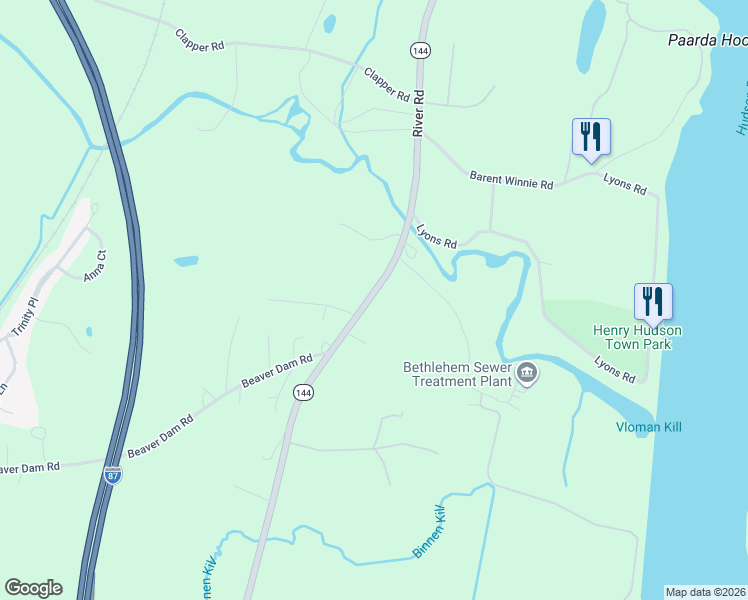 map of restaurants, bars, coffee shops, grocery stores, and more near 1110 River Road in Albany County