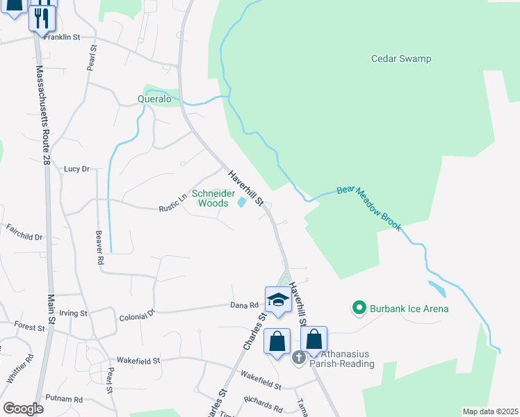 map of restaurants, bars, coffee shops, grocery stores, and more near 456 Haverhill Street in Reading