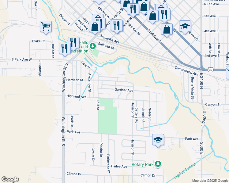map of restaurants, bars, coffee shops, grocery stores, and more near 387 Highland Avenue in Twin Falls