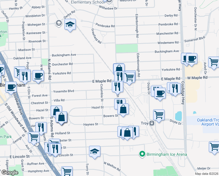 map of restaurants, bars, coffee shops, grocery stores, and more near 1887 Yosemite Boulevard in Birmingham