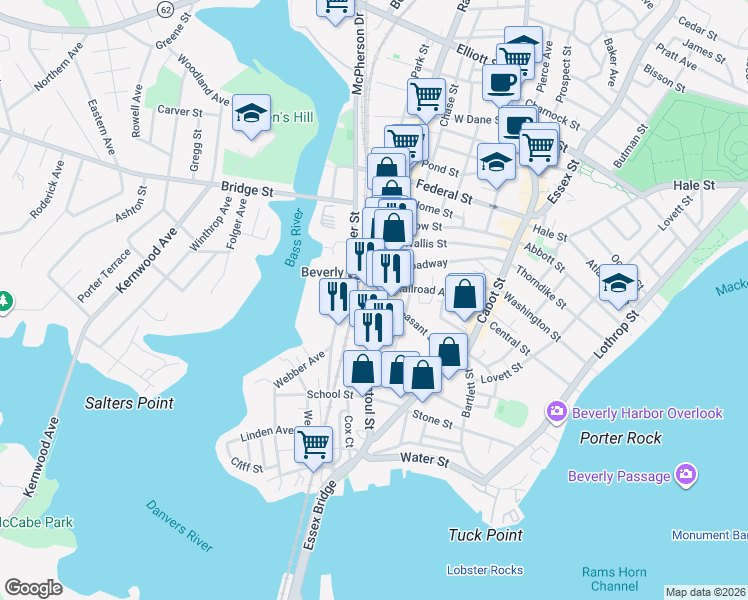 map of restaurants, bars, coffee shops, grocery stores, and more near 62 Pleasant Street in Beverly