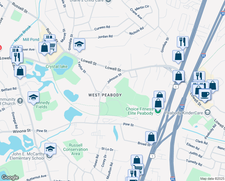 map of restaurants, bars, coffee shops, grocery stores, and more near in Peabody