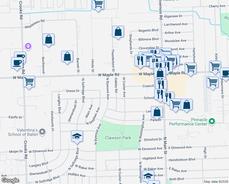 map of restaurants, bars, coffee shops, grocery stores, and more near 1415 Oakley Road in Clawson