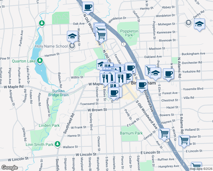 map of restaurants, bars, coffee shops, grocery stores, and more near 260 Martin Street in Birmingham