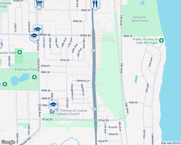map of restaurants, bars, coffee shops, grocery stores, and more near 8760 Sheridan Road in Kenosha