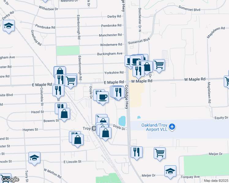 map of restaurants, bars, coffee shops, grocery stores, and more near Raliegh Place in Troy