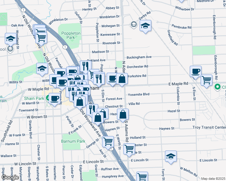 map of restaurants, bars, coffee shops, grocery stores, and more near 887 Forest Avenue in Birmingham