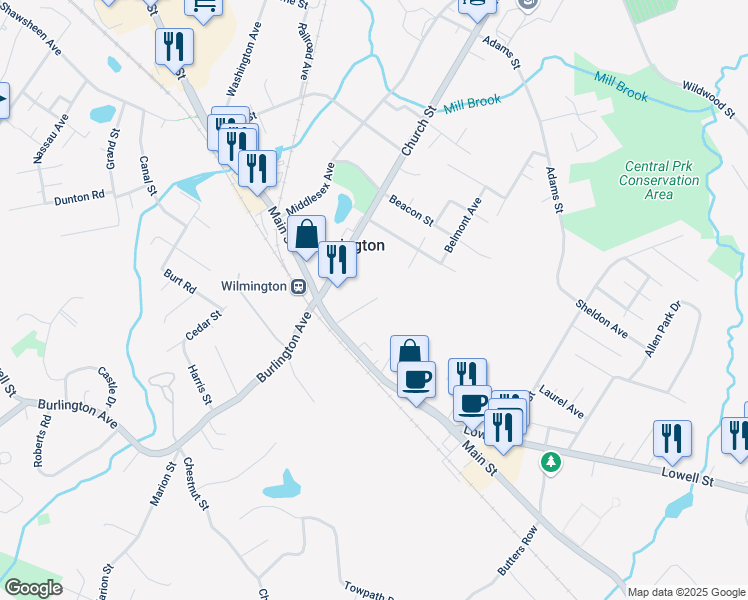 map of restaurants, bars, coffee shops, grocery stores, and more near 42 Kirk Street in Wilmington