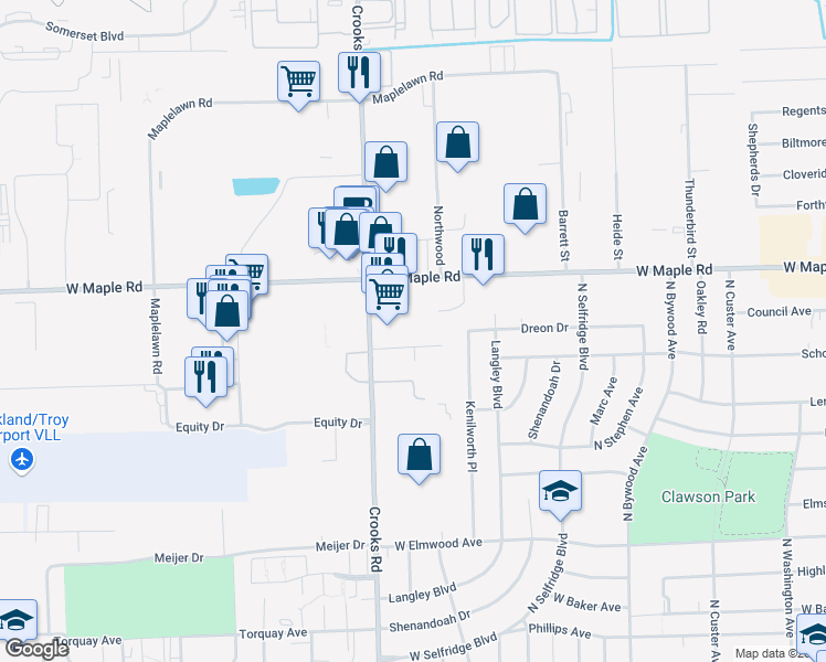 map of restaurants, bars, coffee shops, grocery stores, and more near 1332 Anderson Road in Clawson