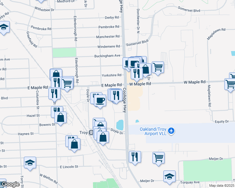map of restaurants, bars, coffee shops, grocery stores, and more near 1420 Devon Lane in Troy