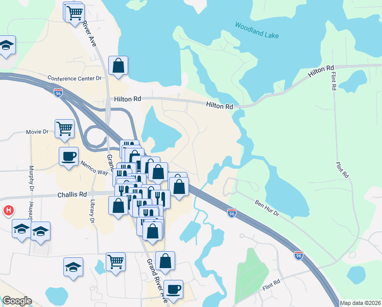 map of restaurants, bars, coffee shops, grocery stores, and more near Interstate 96 in Brighton