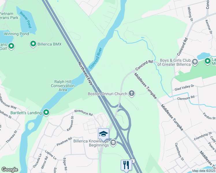map of restaurants, bars, coffee shops, grocery stores, and more near 199 Concord Road in Billerica